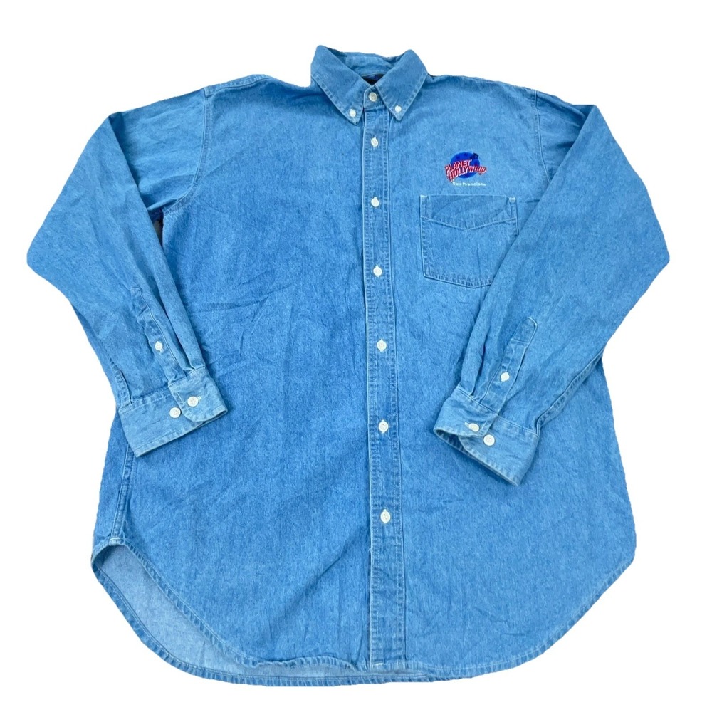 Vintage Planet Hollywood‎ Shirt Men Large Blue Denim Button Up Jean 90s Pocket